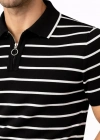 Erkek Triko Polo Yaka Fermuarlı Çizgili Tişört Thirt Yazlık Şık  iyah