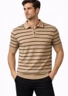 Erkek Triko Polo Yaka Fermuarlı Çizgili Tişört Thirt Yazlık Şık  Kahverengi