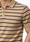 Erkek Triko Polo Yaka Fermuarlı Çizgili Tişört Thirt Yazlık Şık  Kahverengi