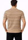 Erkek Triko Polo Yaka Fermuarlı Çizgili Tişört Thirt Yazlık Şık  Kahverengi