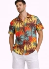 Erkek Tropikal Palmiye Desenli Kısa Kol Gömlek Yazlık Rahat Kalıp Dijital Baskılı  Desenli