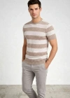 Erkek Tshirt Çizgili Triko Dokuma Bisiklet Yaka Tişört  Bej