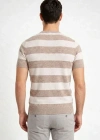 Erkek Tshirt Çizgili Triko Dokuma Bisiklet Yaka Tişört  Bej