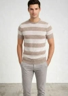 Erkek Tshirt Çizgili Triko Dokuma Bisiklet Yaka Tişört  Bej