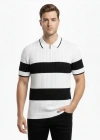 Erkek Tshirt Çizgili Triko Dokuma Kumaş Polo Yaka Yarım Fermuarlı Regular Kalıp Tişört  Beyaz