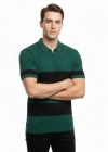 Erkek Tshirt Çizgili Triko Dokuma Kumaş Polo Yaka Yarım Fermuarlı Regular Kalıp Tişört  Çağla Yeşili