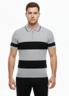 Erkek Tshirt Çizgili Triko Dokuma Kumaş Polo Yaka Yarım Fermuarlı Regular Kalıp Tişört  Gri