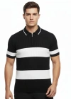 Erkek Tshirt Çizgili Triko Dokuma Kumaş Polo Yaka Yarım Fermuarlı Regular Kalıp Tişört  Siyah