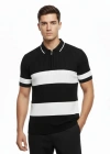 Erkek Tshirt Çizgili Triko Dokuma Kumaş Polo Yaka Yarım Fermuarlı Regular Kalıp Tişört  Siyah