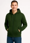 Erkek Üç İplik Kapüşonlu Tam Fermuarlı Kanguru Çepli weathirt Hoodie  Haki