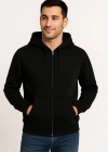 Erkek Üç İplik Kapüşonlu Tam Fermuarlı Kanguru Çepli weathirt Hoodie  iyah