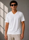 Erkek V Yaka Basic Tişört Kısa Kol Yazlık Regular Fit Thirt  Beyaz