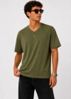 Erkek V Yaka Basic Tişört Kısa Kol Yazlık Regular Fit Thirt  Haki
