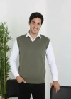 Erkek V Yaka Kolsuz Süveter Triko Kazak Yumuşak Dokulu Pamuklu Ince Dokuma Rahat Regular Kalıp  Haki
