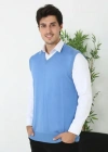 Erkek V Yaka Kolsuz Süveter Triko Kazak Yumuşak Dokulu Pamuklu Ince Dokuma Rahat Regular Kalıp  Mavi
