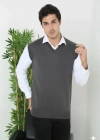Erkek V Yaka Kolsuz Süveter Triko Kazak Yumuşak Dokulu Pamuklu Ince Dokuma Regular  Füme
