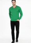 Erkek V Yaka Triko Kazak Yumuşak Dokulu Pamuklu Ince Dokuma, Uzun Kollu Rahat Regular Kalıp  Çimen Yeşili