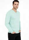 Erkek V Yaka Triko Kazak Yumuşak Dokulu Pamuklu Ince Dokuma, Uzun Kollu Rahat Regular Kalıp  int Yeşili