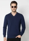 Erkek V Yaka Triko Kazak Yumuşak Dokulu Pamuklu Ince Dokuma, Uzun Kollu Rahat Regular Kalıp  acivert