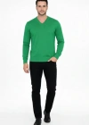 Erkek V Yaka Triko Kazak Yumuşak Dokulu Pamuklu Ince Dokuma, Uzun Kollu Rahat Regular Kalıp  Çimen Yeşili