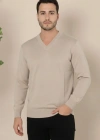 Erkek V Yaka Triko Kazak Yumuşak Dokulu Pamuklu Ince Dokuma, Uzun Kollu Rahat Regular Kalıp  Bej