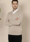 Erkek V Yaka Triko Kazak Yumuşak Dokulu Pamuklu Ince Dokuma, Uzun Kollu Rahat Regular Kalıp  Bej
