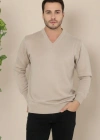 Erkek V Yaka Triko Kazak Yumuşak Dokulu Pamuklu Ince Dokuma, Uzun Kollu Rahat Regular Kalıp  Bej