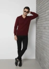Erkek V Yaka Triko Kazak Yumuşak Dokulu Pamuklu Ince Dokuma, Uzun Kollu Rahat Regular Kalıp  Bordo