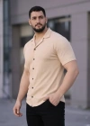 Erkek Waffle Kumaş Kısa Kollu Düğmeli Açık Yaka Regular Fit Gömlek  Bej