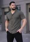 Erkek Waffle Kumaş Kısa Kollu Düğmeli Açık Yaka Regular Fit Gömlek  Haki