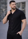 Erkek Waffle Kumaş Kısa Kollu Düğmeli Açık Yaka Regular Fit Gömlek  iyah
