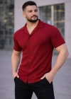 Erkek Waffle Kumaş Kısa Kollu Düğmeli Açık Yaka Regular Fit Gömlek  Kırmızı