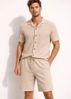 Erkek Waffle Kumaş Kısa Kollu Gömlek Şort Takım Regular Fit Yazlık İkili et  Bej