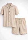 Erkek Waffle Kumaş Kısa Kollu Gömlek Şort Takım Regular Fit Yazlık İkili et  Bej