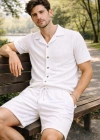 Erkek Waffle Kumaş Kısa Kollu Gömlek Şort Takım Regular Fit Yazlık İkili et  Beyaz