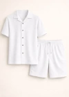 Erkek Waffle Kumaş Kısa Kollu Gömlek Şort Takım Regular Fit Yazlık İkili et  Beyaz
