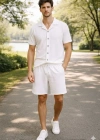 Erkek Waffle Kumaş Kısa Kollu Gömlek Şort Takım Regular Fit Yazlık İkili et  Beyaz