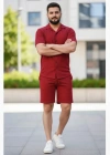 Erkek Waffle Kumaş Kısa Kollu Gömlek Şort Takım Regular Fit Yazlık İkili et  Bordo