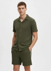 Erkek Waffle Kumaş Kısa Kollu Gömlek Şort Takım Regular Fit Yazlık İkili et  Haki