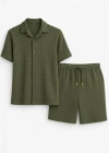 Erkek Waffle Kumaş Kısa Kollu Gömlek Şort Takım Regular Fit Yazlık İkili et  Haki