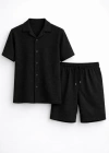 Erkek Waffle Kumaş Kısa Kollu Gömlek Şort Takım Regular Fit Yazlık İkili et  iyah