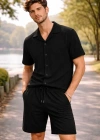 Erkek Waffle Kumaş Kısa Kollu Gömlek Şort Takım Regular Fit Yazlık İkili et  iyah