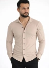 Erkek Waffle Kumaş Uzun Kollu Düğmeli Açık Yaka Regular Fit Gömlek  Bej