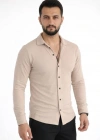 Erkek Waffle Kumaş Uzun Kollu Düğmeli Açık Yaka Regular Fit Gömlek  Bej
