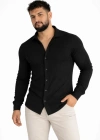 Erkek Waffle Kumaş Uzun Kollu Düğmeli Açık Yaka Regular Fit Gömlek  iyah