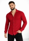 Erkek Waffle Kumaş Uzun Kollu Düğmeli Açık Yaka Regular Fit Gömlek  Kırmızı