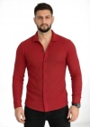 Erkek Waffle Kumaş Uzun Kollu Düğmeli Açık Yaka Regular Fit Gömlek  Kırmızı