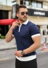 Erkek Yaka Ve Kol Detaylı Fermuar Yakalı Çizgi Desen Kısa Kollu Triko Tişört