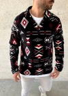 Erkek Yarım Fermuarlı Desenli Polar weat Tribal Etnik Desen Yakalı, Uzun Kollu, Oversize Rahat Kalıp,  iyah