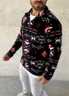 Erkek Yarım Fermuarlı Desenli Polar weat Tribal Etnik Desen Yakalı, Uzun Kollu, Oversize Rahat Kalıp,  iyah